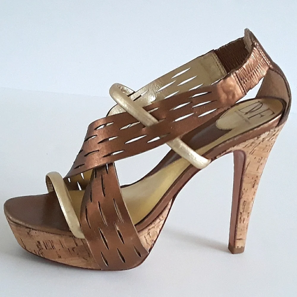 *DVF copper & gold leather slingback cork platform heels 9M Brazil